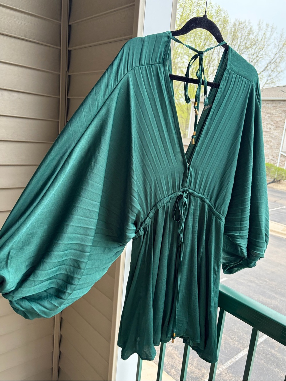 🆕🌲Free People Emerald Boho Mini Dress Tie Front Flowy Tunic Festival Resort XS - Picture 5 of 16